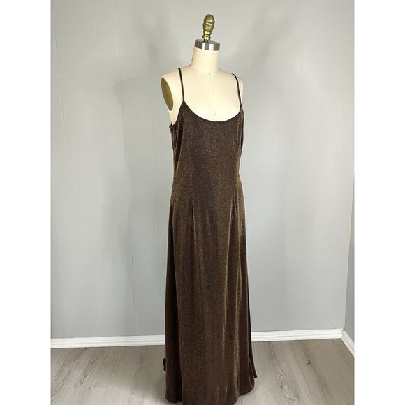 Vintage 90s Y2K Bronze Metallic Stretchy Maxi Dress 11 12 Scoop Neck Slinky Vamp - Picture 1 of 16